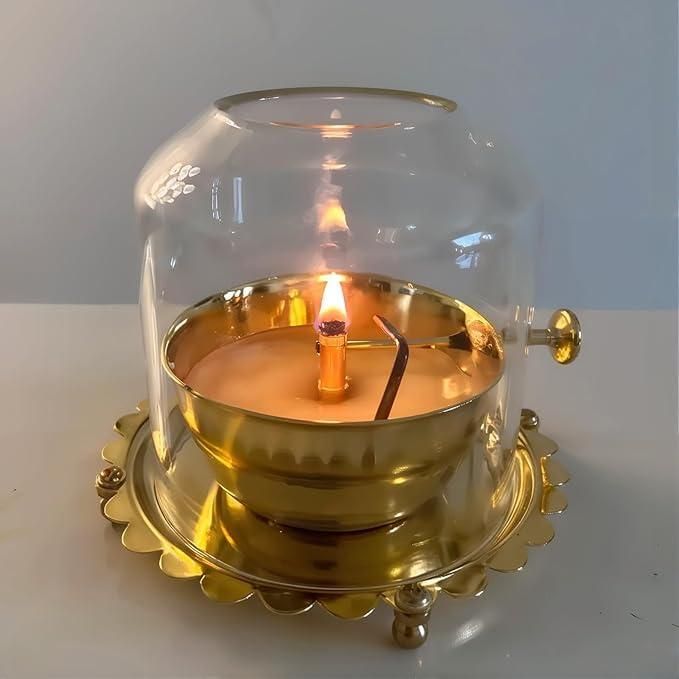 Golden Brass Akhand Diya Oil Lamp with Adjustable Wick