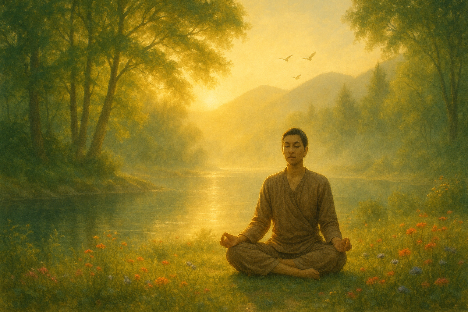devotional and meditation related image where a person is sitting in a calm yoga pose and meditating in beautiful and serene surroundings