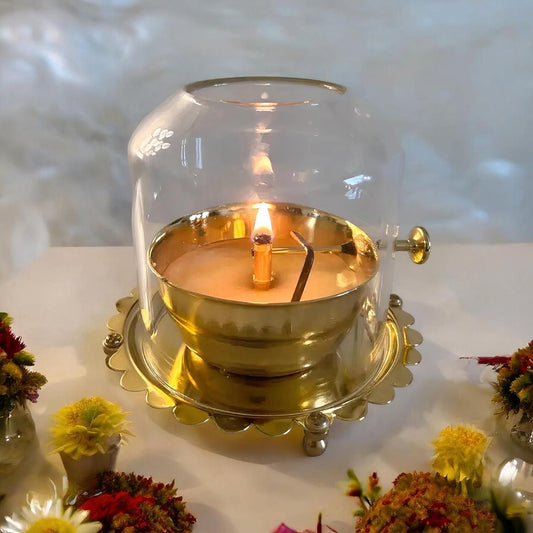 Golden Brass Akhand Diya Oil Lamp with Adjustable Wick